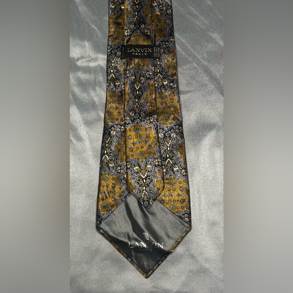 Men’s Lanvin Gold Blue Black Geometric Regular Designer Silk France Tie - Picture 4 of 4